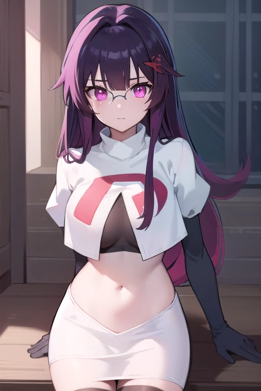 Score_9, Score_8_up, Score_7_up, anime_font, Tohka Yatogami, 1 girl, alone, long hair, purple hair, purple eyes, very long hair, ponytail, red bow, headband, perfect body, alone, breasts, looking_at_viewer, bangs, big_breasts , navel, cleavage, closed_mouth, clavicle, jacket, upper body, glasses, abdomen, bare shoulders, top, black_jacket, sports_bra