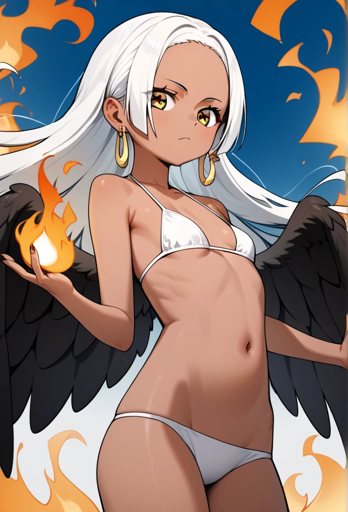 score_9, score_8_up, score_7_up, score_6_up, score_5_up, score_4_up, source_anime, aasnake, long hair, white hair, dark skin, earrings, yellow eyes, symbol-shaped pupils, black wings, small breasts, fire, bikini 