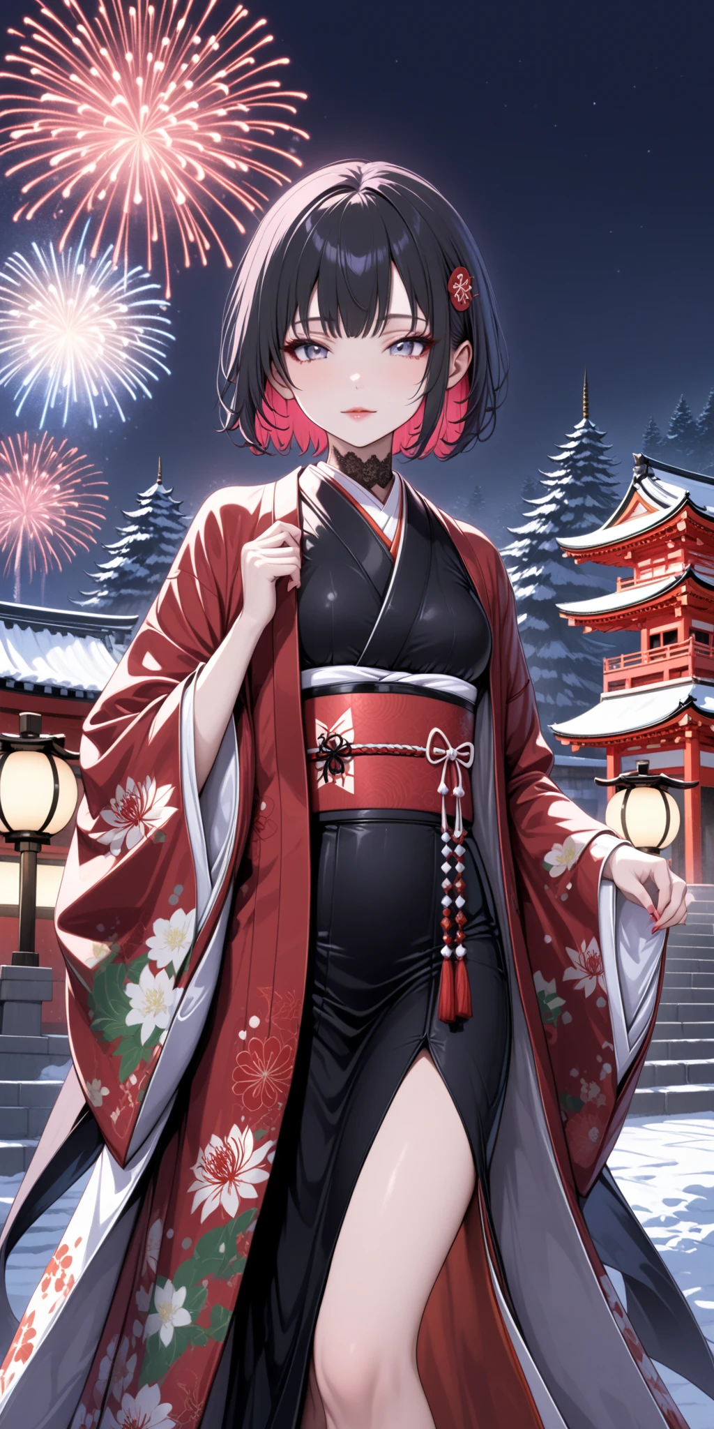 score_9, score_8_up, score_9_up, source_anime, ellenjoe, night, passionless, closed mouth, ellen joe, black hair,  sexy body, colored inner hair, multicolored hair, grey eyes, red hair, short hair,  two-tone hair, night, new year japanese temple, new year fireworks, morning, nostalgic face, elegant red kimono, long kimono, half open kimono, half open kimono, kimono open in the chest, small breasts, half opened kimono, red spider lily printing in the kimono, pink obi, winter,  winter dress, long skirt, lace collar, lace, sexy body,  small breasts, two-tone hair,  looking at viewer, beautiful eyes, solo, fantasy world, night, beautiful eyes