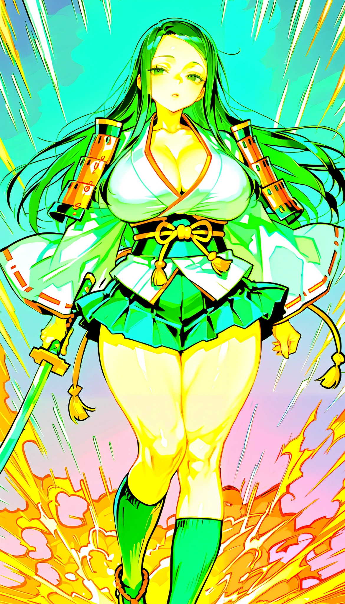 score_9, score_8_up, score_7_up,(hi-quality,high resolution),Black hair, straight long, [[parted in the middle]], forehead,(japanese armor,chest),white kimono, black miniskirt,knee socks, big breasts, dark eyes, slanted eyes, (curvy body),holding a sword, in battle