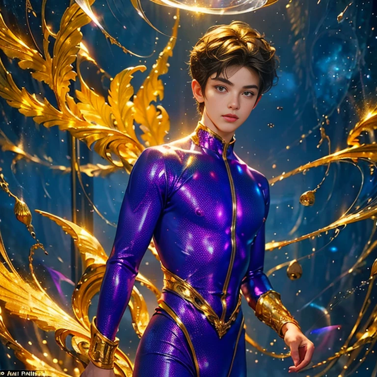  is just a masterpiece ! 4k ultra hd, A boy with a magical aura, good face,  short hair ,  detailed eyes ,  big puffy nipples, shiny lips, purple suit, golden sparkling suit , aura around the body,  magic effect, Cosmic elements and the ethereal atmosphere, A mix of bright lights and colorful nebulae, universe background,  perfect body,