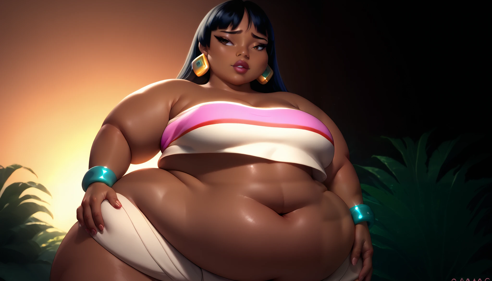 best quality, high rating, c.cu, (Chel, El Dorado), ((brown skin)), brown eyes, full coral pink lips and long, straight thigh-length black hair with flat bangs and sideburns that go partially down ears, non-prominent nose, off-white tube top with a thin red stripe below the thick pink stripe, turquoise bracelets on both wrists, perfect anatomy, good hands, two hands, two arms, two legs, two breasts, one belly, one belly navel, two eyes, one nose, two ears, one mouth, five fingers on each hands, correct face proportions, correct body proportions, voluptuous hips and thick thighs, fat breasts, huge love_handles, fat love_handles, panting, elpacha2(artist), ((jungle background:1.0)), overweight, (chubby body:1.8), (TIME SET NIGHT on background), taut_clothes, big stuffed belly, tired, panting, 8k, hot and bothered, standing, hand_on_hip, hand_on_own_stomach, (fat_girl anatomy), correct fat_girl anatomy