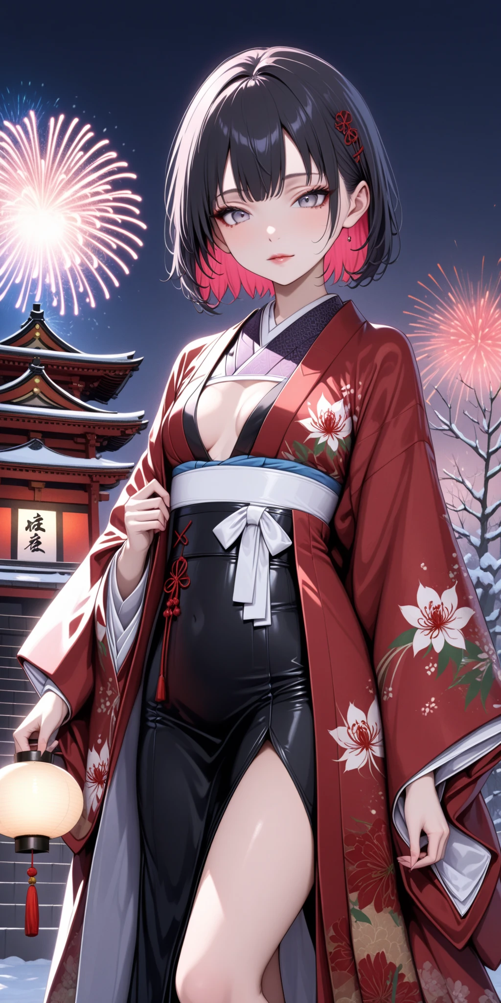 score_9, score_8_up, score_9_up, source_anime, ellenjoe, night, passionless, closed mouth, ellen joe, black hair,  sexy body, colored inner hair, multicolored hair, grey eyes, red hair, short hair,  two-tone hair, night, new year japanese temple, new year fireworks, morning, nostalgic face, elegant red kimono, long kimono, half open kimono, half open kimono, kimono open into her small breasts, kimono open in the chest, small breasts, half opened kimono, red spider lily printing in the kimono, pink obi, winter,  winter dress, long skirt, lace collar, lace, sexy body,  small breasts, two-tone hair,  looking at viewer, beautiful eyes, solo, fantasy world, night, beautiful eyes