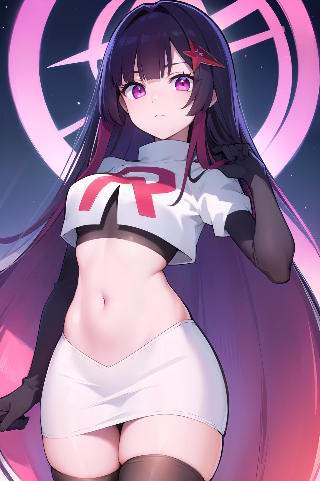 honkaisparkle, black hair, colored inner hair, glasses, hair intakes, hair ornament, hairclip, long hair, multicolored hair, (pink eyes:1.3), purple hair, straight hair,
BREAK team rocket,team rocket uniform,white skirt,red letter R,crop top,black thigh-highs,black elbow gloves,
BREAK looking at viewer, cowboy shot,
BREAK (masterpiece:1.2), best quality, high resolution, unity 8k wallpaper, (illustration:0.8), (beautiful detailed eyes:1.6), extremely detailed face, perfect lighting, extremely detailed CG, (perfect hands, perfect anatomy),