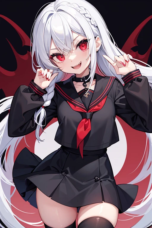 Vampire, black sailor shirt, red eyes, blue skirt, white hair, french braid, black thighhighs, fangs, mischievous smile