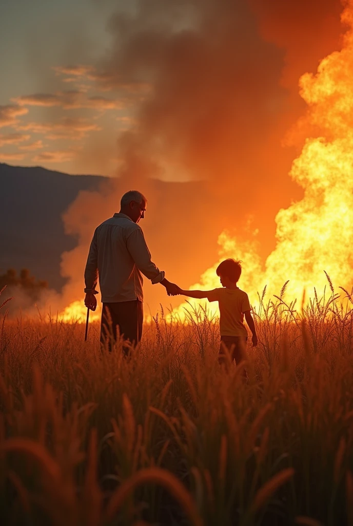 A blond child with nasal congestion mixed with blood,in the arms of a father, on the side of a road, and the forest on the side of the road with the fire consuming everything