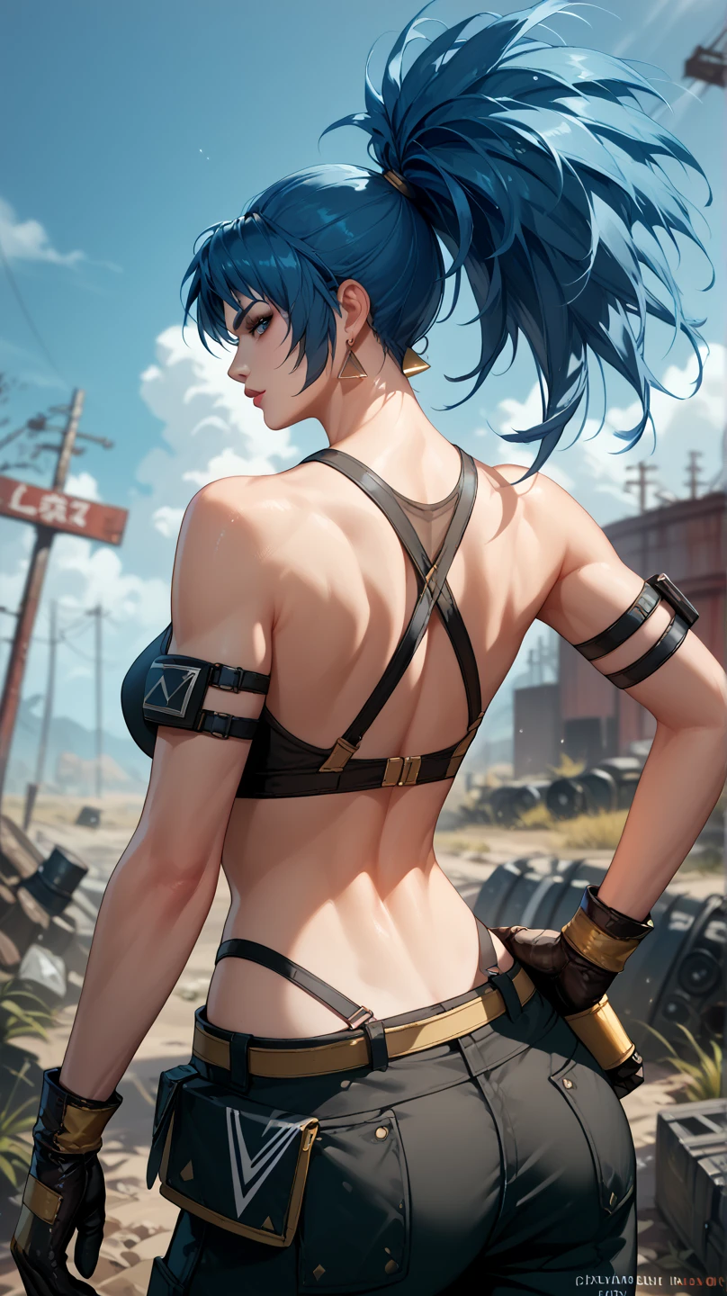 Sexy leona heidern,  Dark blue hair , triangle earrings,  In a wasteland, pose sexy, from behind, 