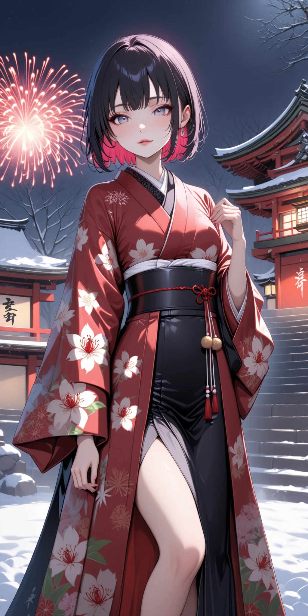 score_9, score_8_up, score_9_up, source_anime, ellenjoe, night, passionless, closed mouth, ellen joe, black hair,  sexy body, colored inner hair, multicolored hair, grey eyes, red hair, short hair, close-up,  two-tone hair, night, new year japanese temple, new year fireworks, morning, nostalgic face, elegant red kimono, long kimono, half open kimono, half open kimono, kimono open in the chest, small breasts, half opened kimono, red spider lily printing in the kimono, pink obi, winter,  winter dress, long skirt, lace collar, lace, sexy body,  small breasts, two-tone hair,  looking at viewer, beautiful eyes, solo, fantasy world, night, beautiful eyes