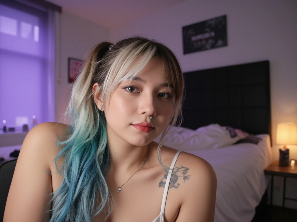 cinematic photo asian women, ??????, underware, full body, laying on bed, beautifully fit body, aqua hair, perfect eyes, bedroom. 35mm photograph, film, bokeh, professional, 4k, highly detailed