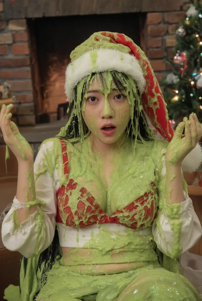 DSLR photograph. Beautiful Chinese woman covered in green water. Photorealistic. Wet liquid. Nasty slime. Raw photo. Inside cabin. Fireplace. Christmas tree in background. Christmas lights. Bokeh. Green Slime. Dripping green goo. 21 years old. (Asian: 1.1). Green water. Portrait photo. Beautiful Asian face. Wearing red lace push-up bra. Wearing Santa hat. Wavy hair.