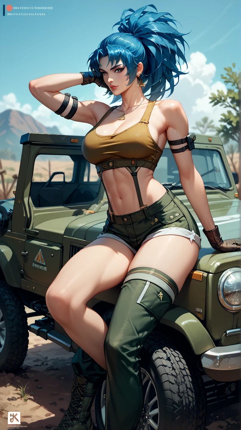 (RAW, analogue, Nikon Z 14mm ultra-wide angle lens, award-winning glamour photograph, ((best quality)), ((masterpiece)), ((realistic)), tessellation, ambient occlusion, ray-tracing, subsurface scattering, radiant light rays, high-res, detailed facial features, high detail, sharp focus, smooth, aesthetic, extremely detailed, (extremely detailed eyes, extremely detailed iritremely detailed hair, extremely detailed skin, extremely detailed clothes, octane render, photorealistic, realistic, post-processing, max detail, realistic shadows, roughness, natural skin texture, real life, ultra-realistic, photorealism, photography, 8k UHD, photography, hdr, intricate, elegant, highly detailed, sharp focus, stunning, beautiful, gorgeous), 1girl, tank girl, (oversized army helmet:1.2), green eyes, military bodysuit, grin, female focus, muscular, slender waist, slender thighs, pink hair, big hips, very short hair, bandaid in face, dirty, tank, full color explosions, blue sky, solo, upper body