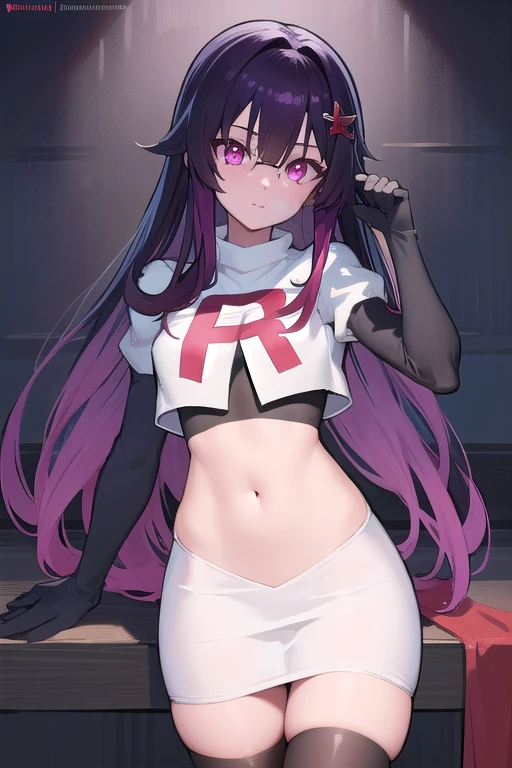 masterpiece, hd, 1girl, mythia, purple long hair, bat ears, red eye, team rocket,team rocket uniform,white skirt,red letter R,crop top,black thigh-highs,black elbow gloves