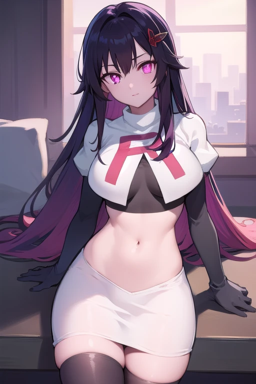 1girl, dqPOM, red hood, purple hair, robe, (nsfw:1.3),(open legs:1.3), (nsfw:1.3), from below,looking at viewer