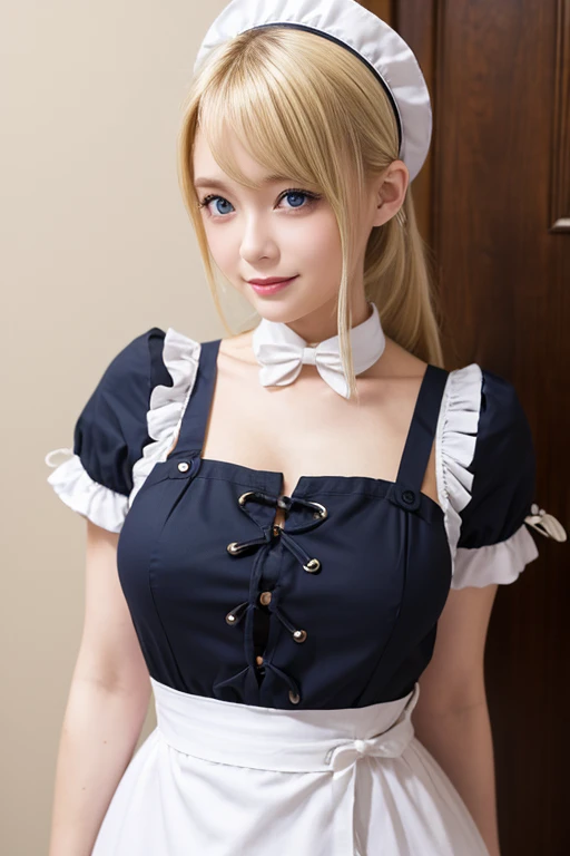 (Best Quality, masutepiece, Official art, hight resolution:1.2), the Extremely Detailed CG Unity 8K Wallpapers, photographrealistic, ultra-detailliert, (24-year-old Russian girl, Solo, maid), Long hair, (Blonde hair:1.2), (Bangs), Smile, prefect face, Pre-Blue Eye, blush, Open mouth, (Huge breasts, drooping chest, cleavage:1.2), thighs thighs thighs thighs, Maid headdress, Waist apron, White Apron, frilld, black thighhighs, Choker, earrings, 手链, Standing, Look up,