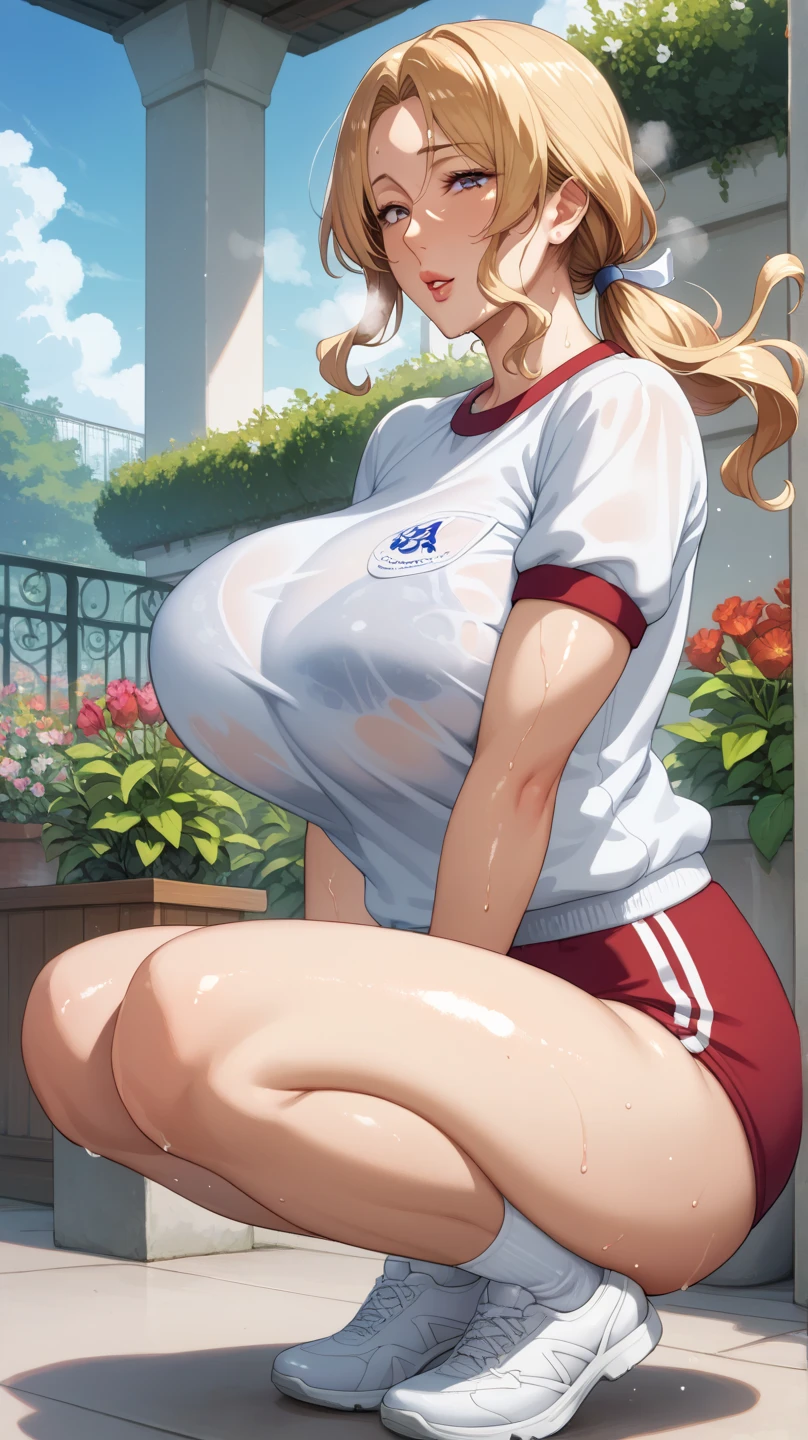 score_9, score_8_up, score_7_up, ASCII masterpiece, source_anime BREAK ローアングル,Gym Uniform,garden, 50 year old mature woman,solo, squat, anatomically correct, perfect face,Beautiful, well-groomed eyes, beautiful skin in NFSW, Big Breasts ,Bouncing Breasts,sweat, STEAM BREAK BLONDE,parted bangs, medium hair, hair flowing back on one side,( wavy hair:0.7),low ponytail