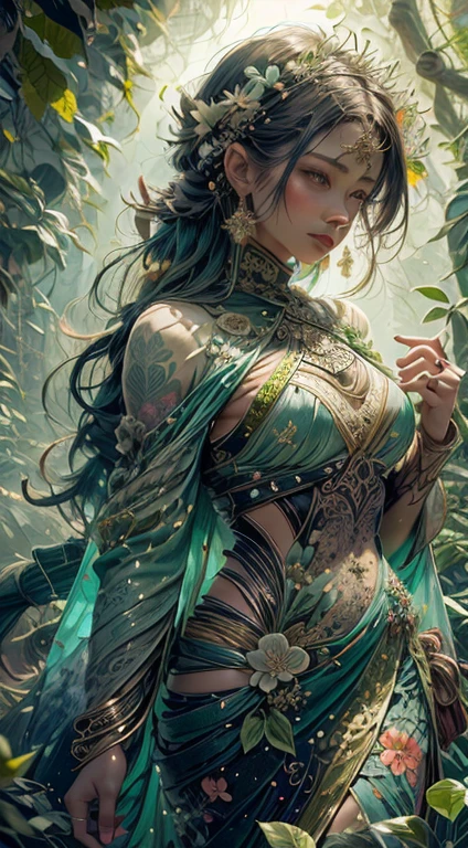 1sexy girl with forest clothes, flowers, leaves, mandalas, fractal, full female body,