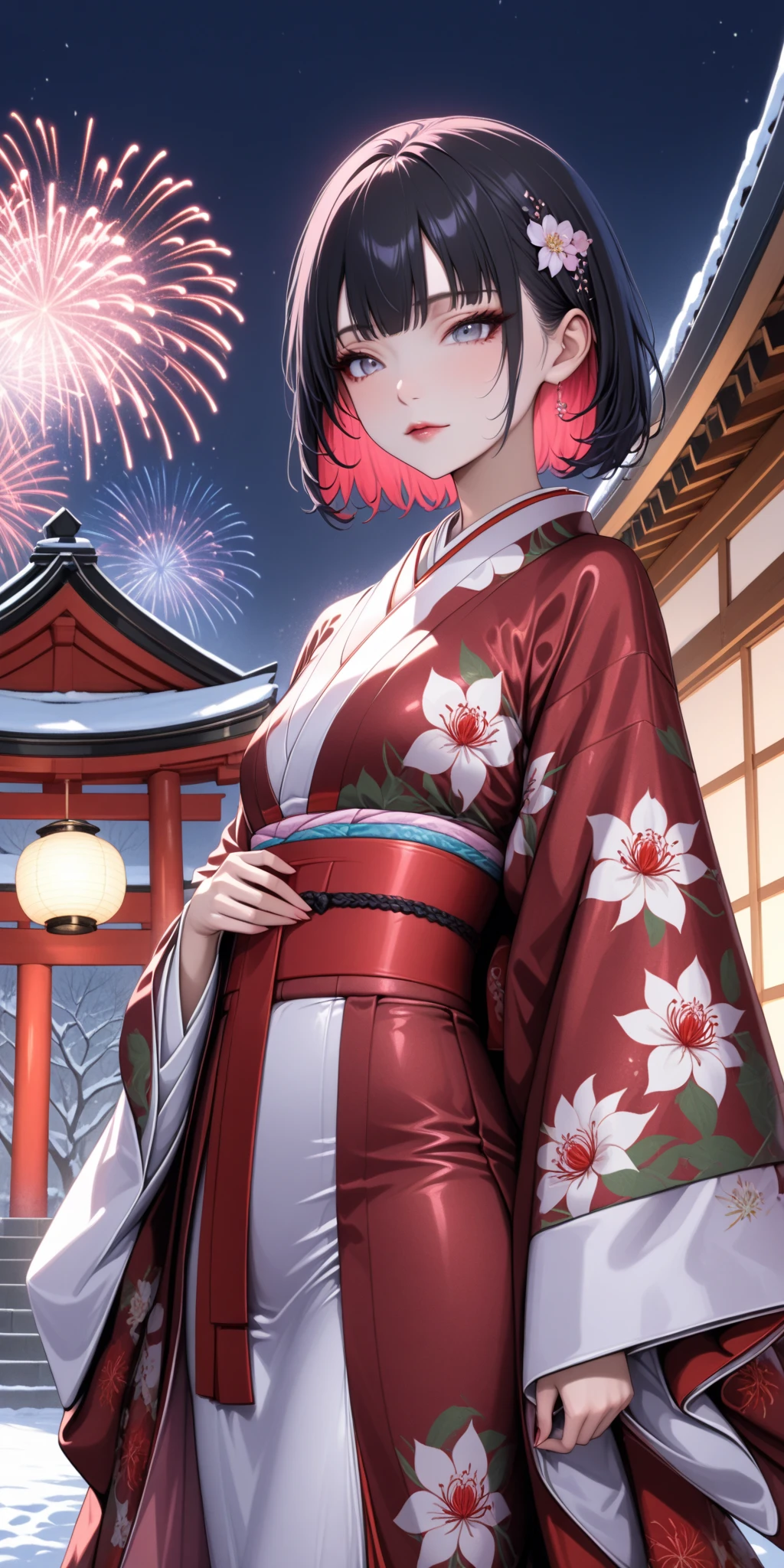 score_9, score_8_up, score_9_up, source_anime, ellenjoe, night, passionless, closed mouth, ellen joe, black hair,  sexy body, colored inner hair, multicolored hair, grey eyes, beautiful face, stunning kimono dress, red hair, short hair, close-up,  two-tone hair, night, new year japanese temple, new year fireworks, morning, nostalgic face, elegant red kimono, long kimono, half open kimono, half open kimono, kimono open in the chest, small breasts, half opened kimono, red spider lily printing in the kimono, pink obi, winter,  winter dress, long skirt, lace collar, lace, sexy body,  small breasts, two-tone hair,  looking at viewer, beautiful eyes, solo, fantasy world, night, beautiful eyes