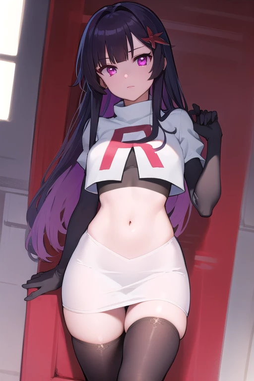bluearchiveyuuka, yuuka, blue eyes, halo, purple hair, two side up, long hair,
BREAK halo, team rocket,team rocket uniform,white skirt,red letter R,crop top,black thigh-highs,black elbow gloves
BREAK looking at viewer,
BREAK (masterpiece:1.2), best quality, high resolution, unity 8k wallpaper, (illustration:0.8), (beautiful detailed eyes:1.6), extremely detailed face, perfect lighting, extremely detailed CG, (perfect hands, perfect anatomy),