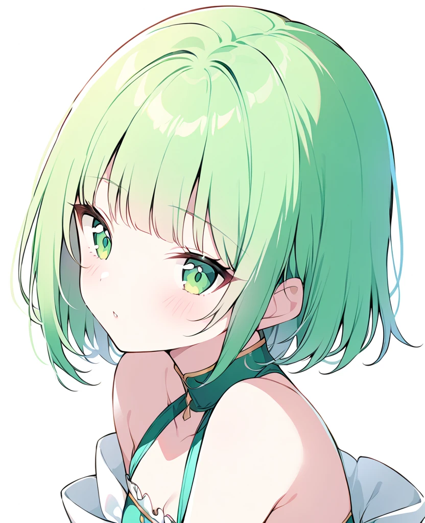 ((1 person)), girl , top rated on pixiv, Highest Masterpieces,Green Hair, short bob hair, green eyes,Princess, empty background,(White background)