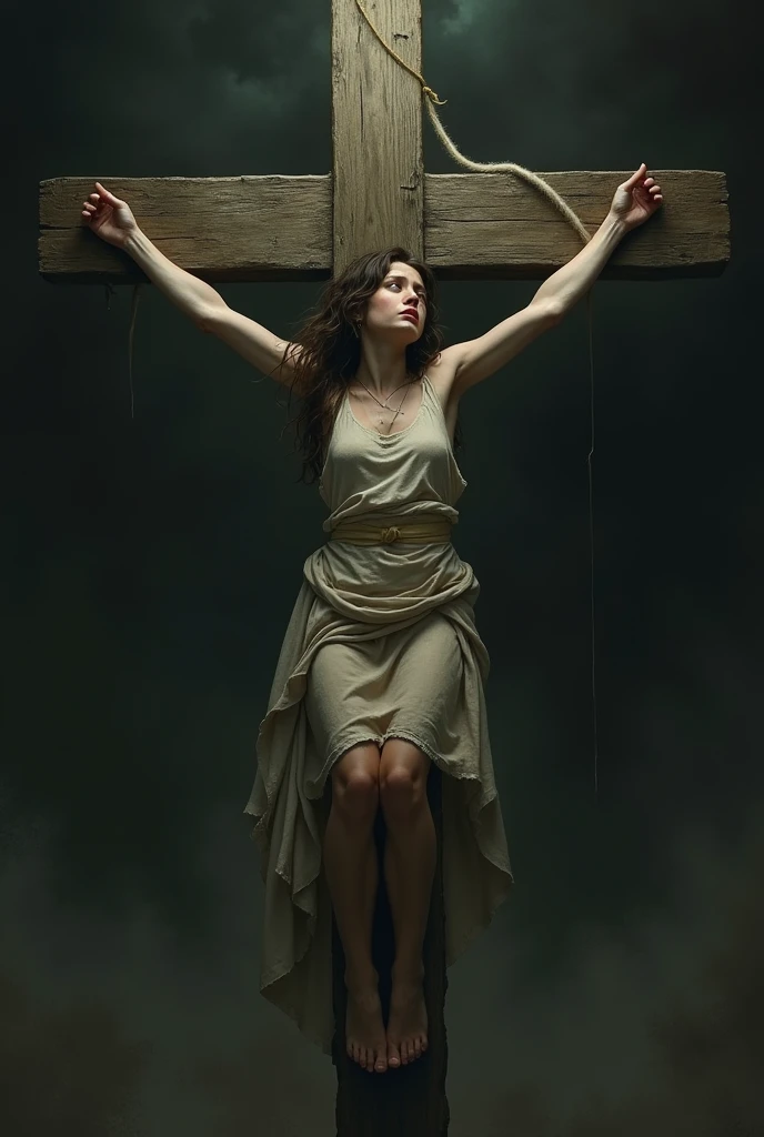 Take a picture of the inside of a collapsed church, only with the cross intact and a woman praying and crying towards the cross