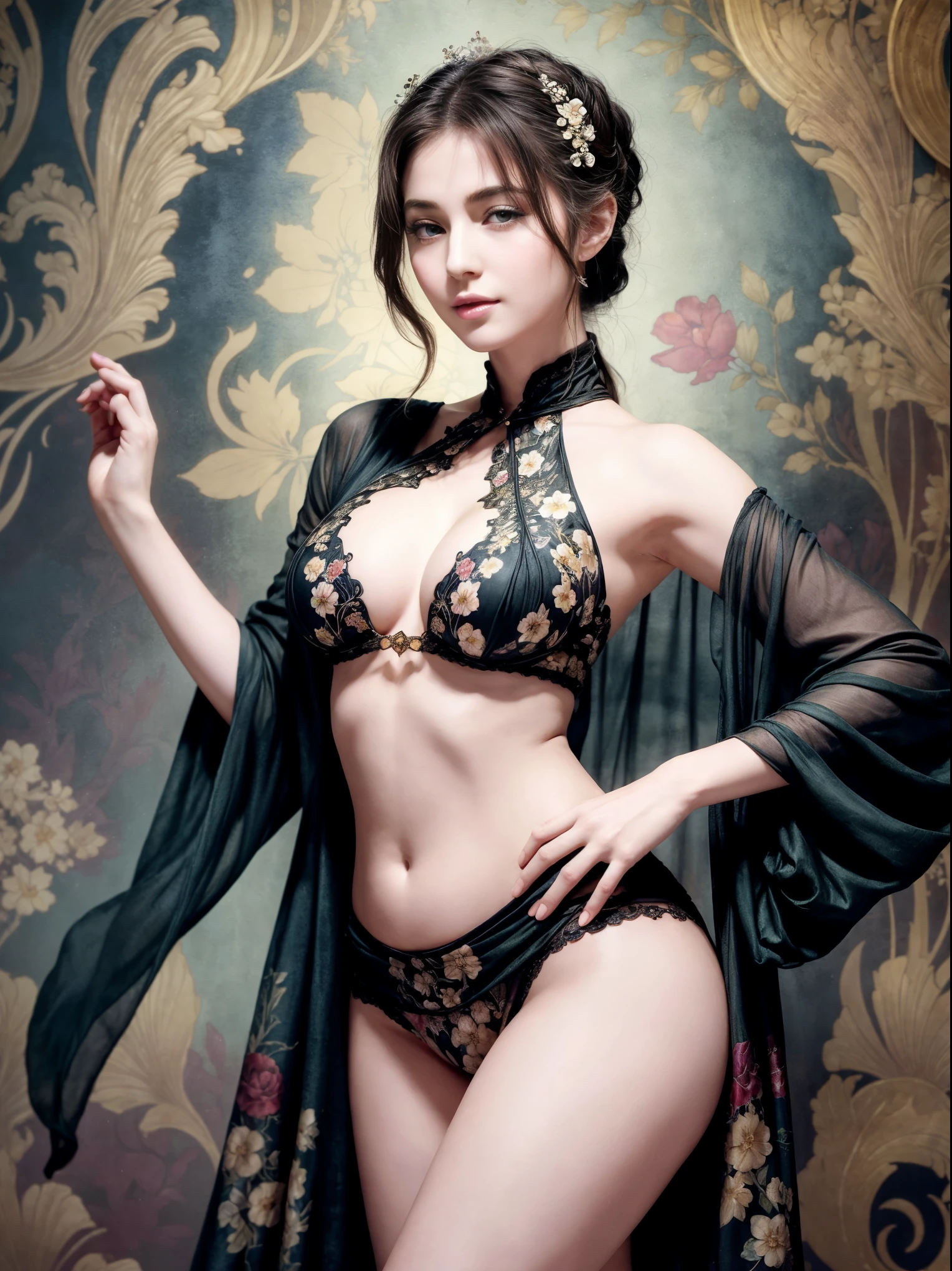 ((masterpiece)), ( Best Quality ) realistic ,fantasy, beautiful woman , Good Mood, Bare the upper body ,Beautiful round breasts, Big breasts, dress ,Micro Panties ,Show your neck, Bare shoulders , to show your belly button,Exposed camel toe, Hip tattoo , big eyes, Long, thick lashes , full lips, crimson eyes, blond hair Long and thick, High Ponytail, Exquisite design and pattern , style similar to Alphonse Mucha ,Art Nouveau watercolor floral dark background,((The hand is outside the screen))