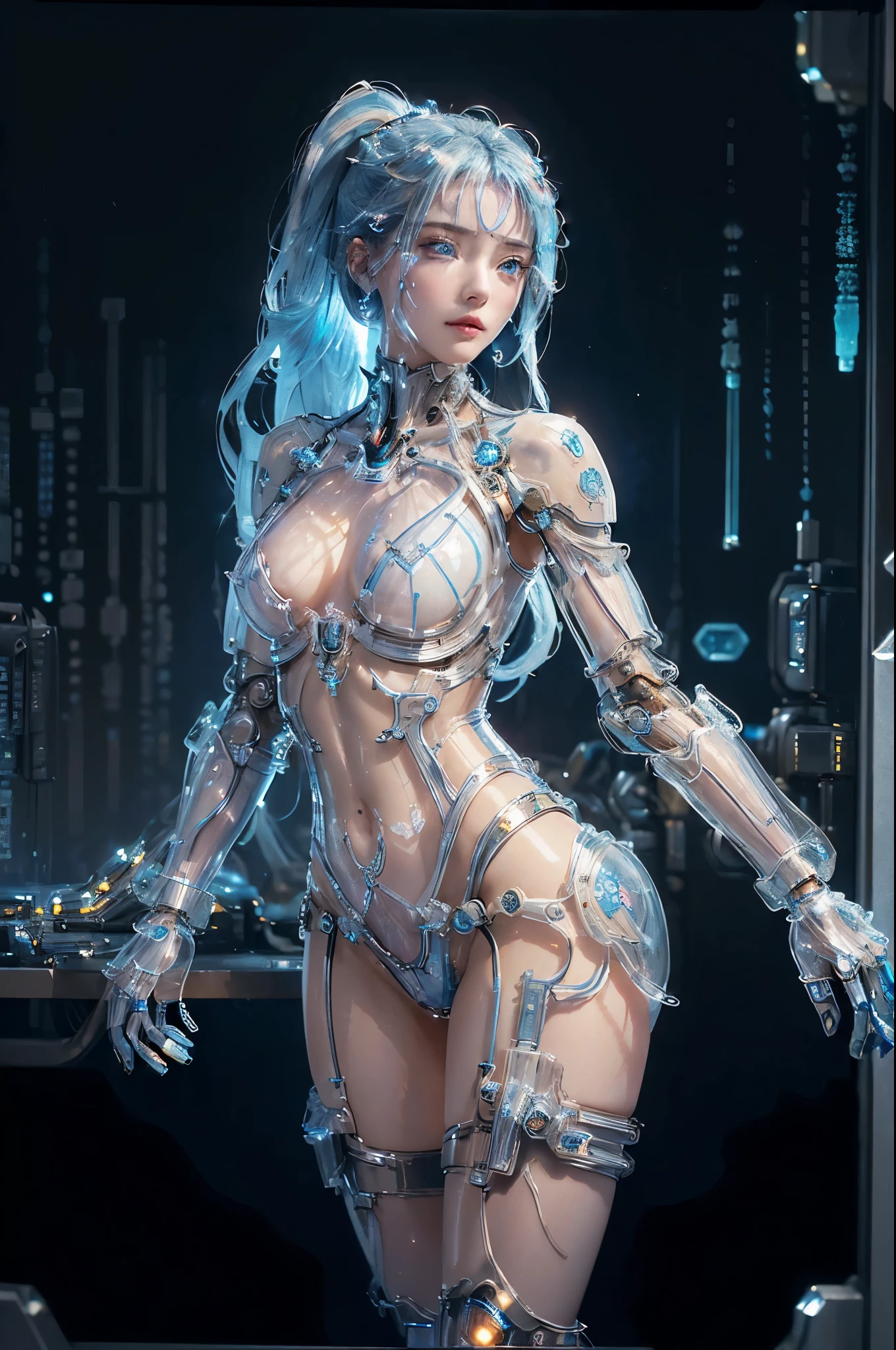 1girl in, years, Textured skin, (Portrait photo of the upper body), Super Detail, high details, High quality, Best Quality, hight resolution, 8k resolution, hard disk, Beautiful,(Gundam), Moist blue eyes, deadpan, beautiful cyborg woman, Machine Hand, ((She is naked、Wearing Futuristic Transparent Reinforced Plastic Machine Parts:1.4)), Bust top covered with transparent mecha, (Farbe々Bust on which information is projected:1.4), (Crotch protected by clear plastic), Most of the raw skin is exposed, Almost naked, (pubick hair), perfectly proportions, (Body paint for corporate logos), (Colossal tits), (She carries a lot of weapons on her back:1.4), (sitting on), (Light Silver Long Straight Hair:1.4), headset on head, (((A lot of machines touch her body:1.4))), Background of collapsed buildings, A town engulfed in raging flames, (The blue LED on the bust top glows strongly:1.4),