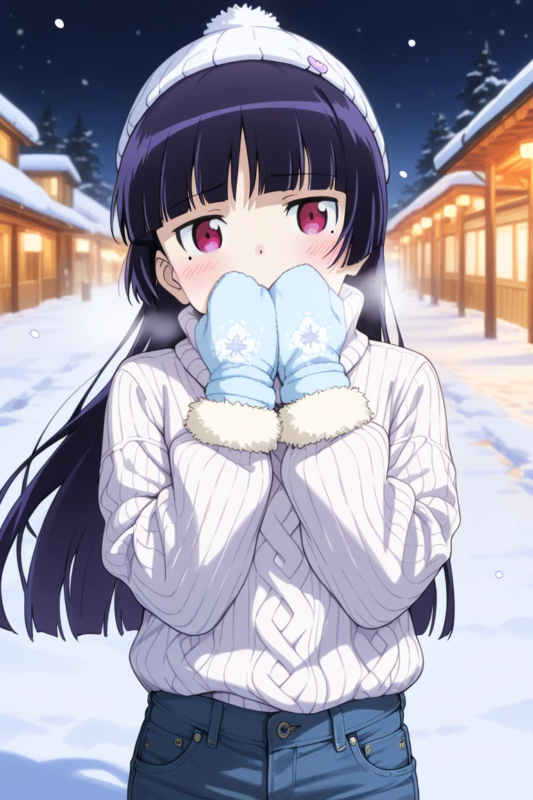 8k, high image quality, high res,HDR:2,anime,Gokou Ruri, beautiful girl,(No hair accessories), sweater , turtleneck,White knit hat, jeans,Woolen gloves,hands in front of mouth , is a woman who seems to be strong ,Upper body enlargement,winter,snow,outside,night,