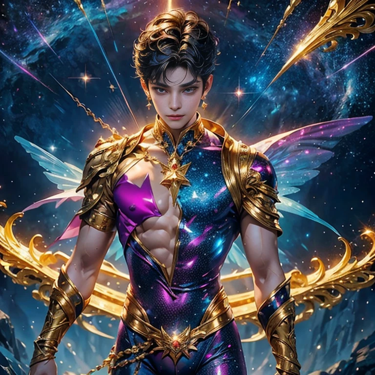  is just a masterpiece ! 4k ultra hd, A boy with a magical aura, good face,  short hair ,  detailed eyes ,  big puffy nipples, shiny lips, purple prince costume, golden sparkling suit , aura around the body,  magic effect, Cosmic elements and the ethereal atmosphere, A mix of bright lights and colorful nebulae, universe background,  perfect body,