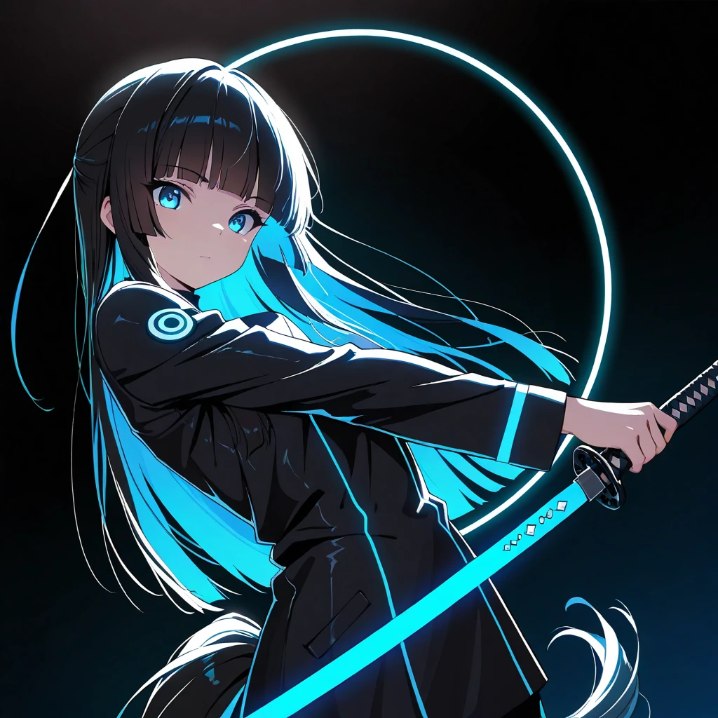 masterpiece,  top quality ,  great quality ,  character focus ,  minimalist,  Side Angle ,  upper body, hime cut, Long horse tail , cybernetic ,I have Katana, pose, Dynamic Angle ,  focus on face ,  viewers, Backlight,  one side light ,round background ,   with blue neon light,  black background