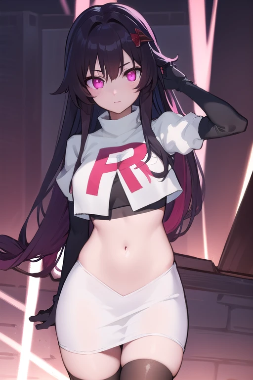 high tail hairstyle, Ponytail hairstyle, Long wavy black hair, standing posing, anime girl style, pixel art anime style,penetrating look with deep eyes,red and purple eyes, hair with a ponytail hairstyle trapped with a big red bun, Women, red hair clips, x color shaped hair clips , smiling face blush, 