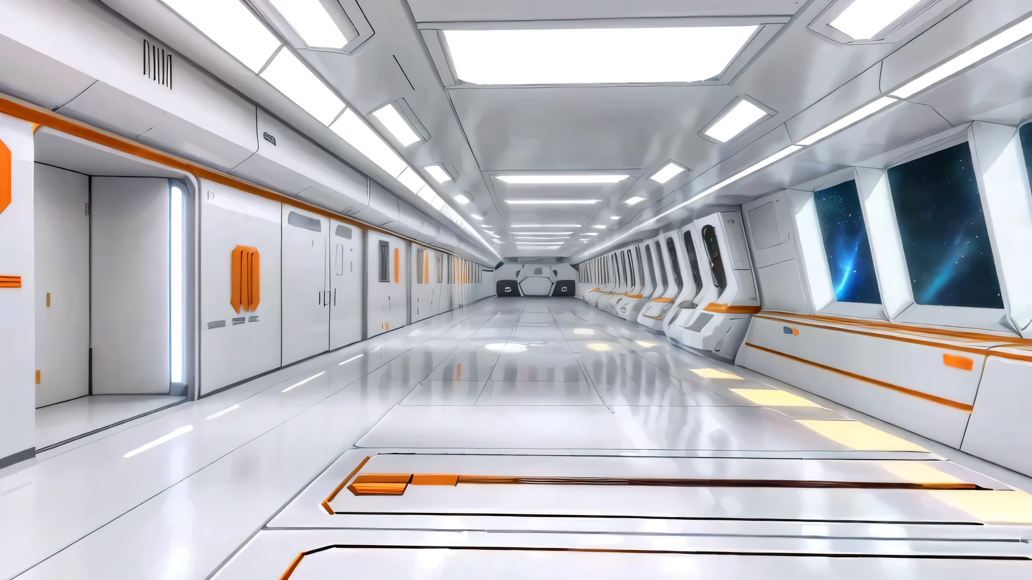 there is a long hallway with a lot of white and orange walls, futuristic laboratory, futuristic hall, spaceship hallway, spaceship hallway background, futuristic production facility, in futuristic laboratory room, futuristic scientific laboratory, inside futuristic hangar, space station interior, futuristic space ship interrior, high tech space ship interior, sci - fi interior, spaceship interior, inside a futuristic army base