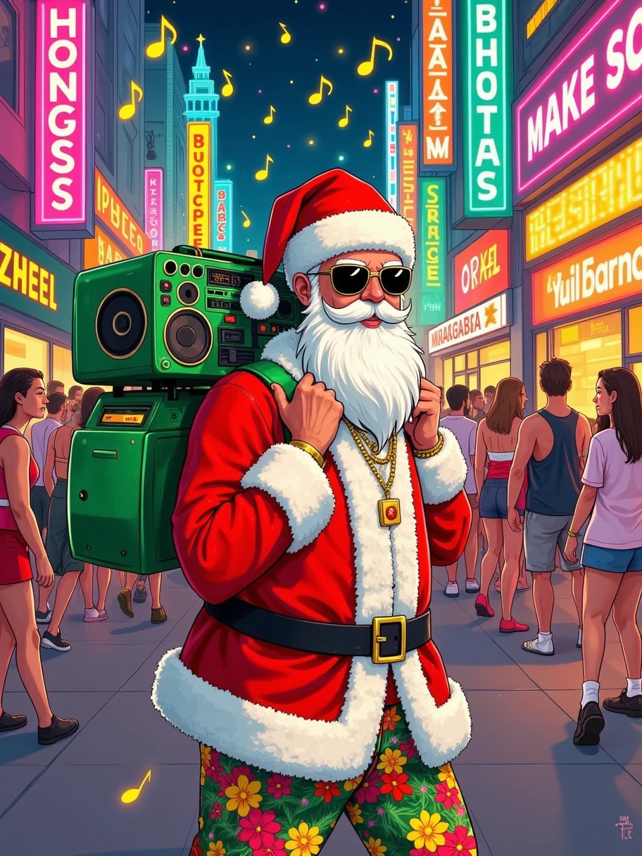 Illustration art, aesthetic art, a festive urban streetscape, neon lights and signs flicker, a man dressed as Santa Claus, wearing sunglasses, a red Santa hat, and a red and white Christmas jacket, carries a large green boombox on his shoulder, He has a white beard, wears gold jewelry, and colorful floral patterned pants, A lively festive atmosphere pervades the scene, with people in summer clothes walking around, The image is vibrant, dominated by red, green, and yellow colors, Musical notes float in the air, creating a celebratory and musical atmosphere, The perspective is at street level, full of energy