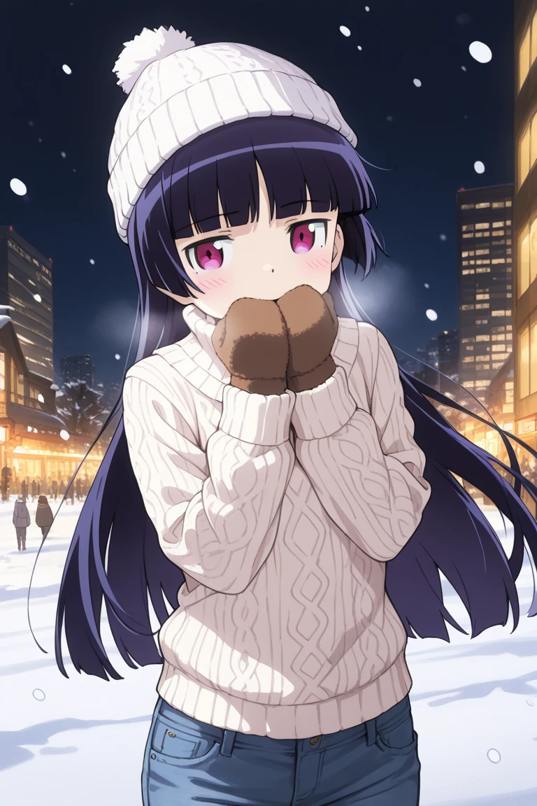 8k, high image quality, high res,HDR:2,anime,Gokou Ruri, beautiful girl,(No hair accessories), sweater , turtleneck,White knit hat, jeans,Woolen gloves,hands in front of mouth ,smile,Upper body enlargement,winter,snow,outside,night,City