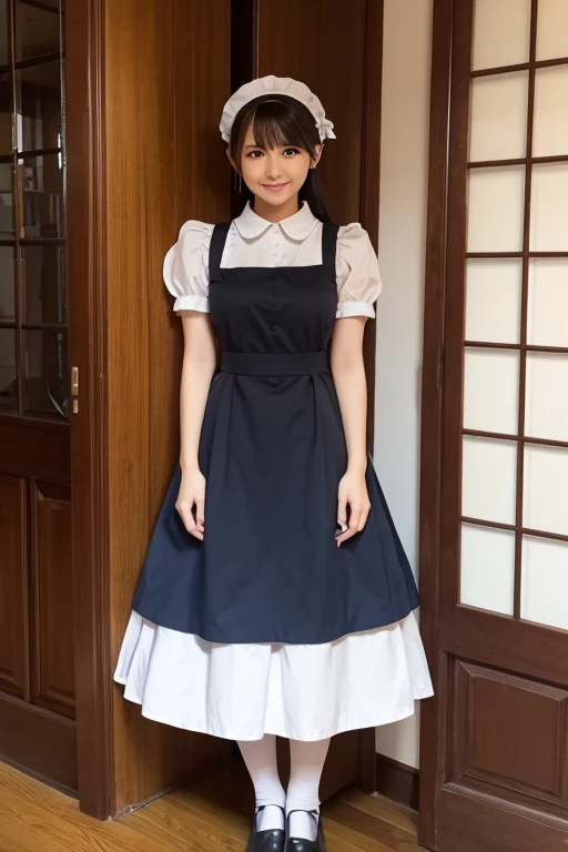 A woman in her fifties wearing a maid outfit and a hair accessory,whole body