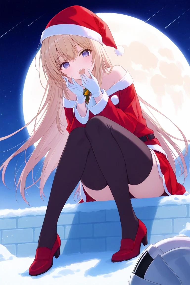  1 girl, sitting, Santa Costume , miniskirt,winter gloves,front図,front, viewers,the above, full body , laughs, with open eyes , open your mouth,,winter,  knight ,moon,masterpiece, top quality , ULTRA DETAIL, 8K portrait ,unity 8k wallpaper, Ultra Precise Illustration 