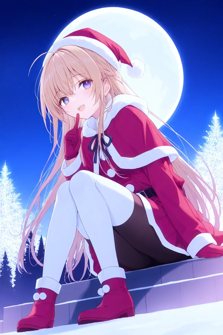  1 girl, sitting, Santa Costume , miniskirt,winter gloves,front図,front, viewers,the above, full body , laughs, with open eyes , open your mouth,,winter,  knight ,moon,masterpiece, top quality , ULTRA DETAIL, 8K portrait ,unity 8k wallpaper, Ultra Precise Illustration 