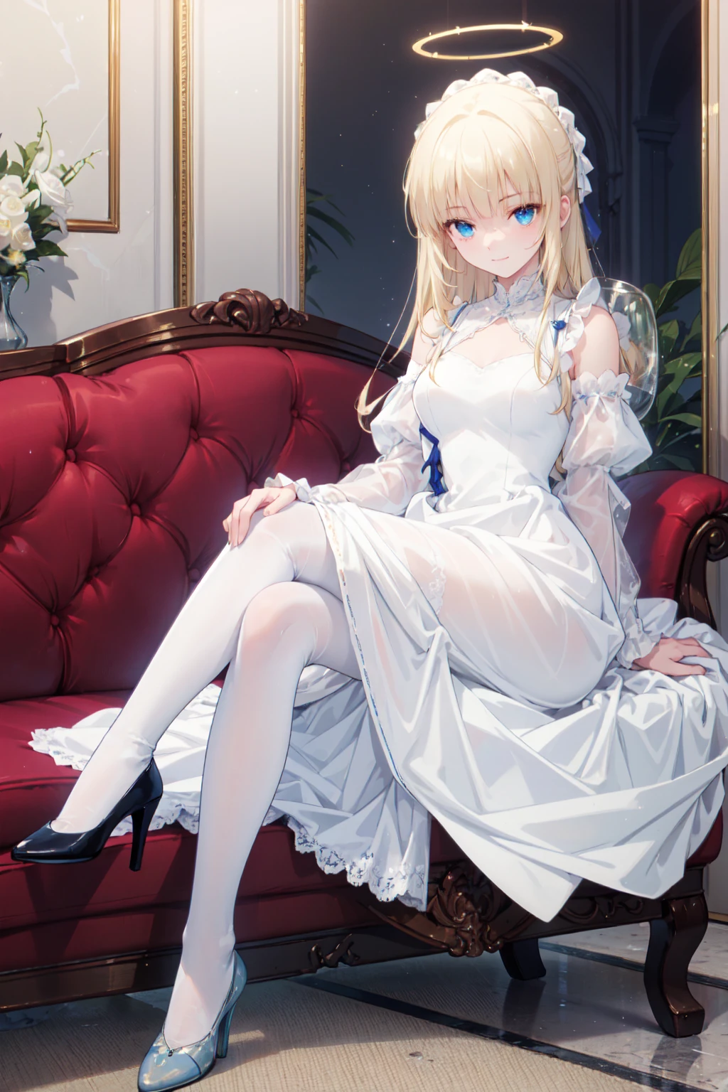 slender, mature female,1girl, long_hair, very_long_hair, blue_eyes, smile, dress, hair_ornament, looking_at_viewer, cleavage, breasts, sitting, lying, bangs, bare_shoulders, long_dress, blond_hair, dress, medium_breasts, dress, frills, parted_bangs, indoors, shiny_hair, floating_hair, shiny, detached_sleeves, light_smile, flower, silver_hair,