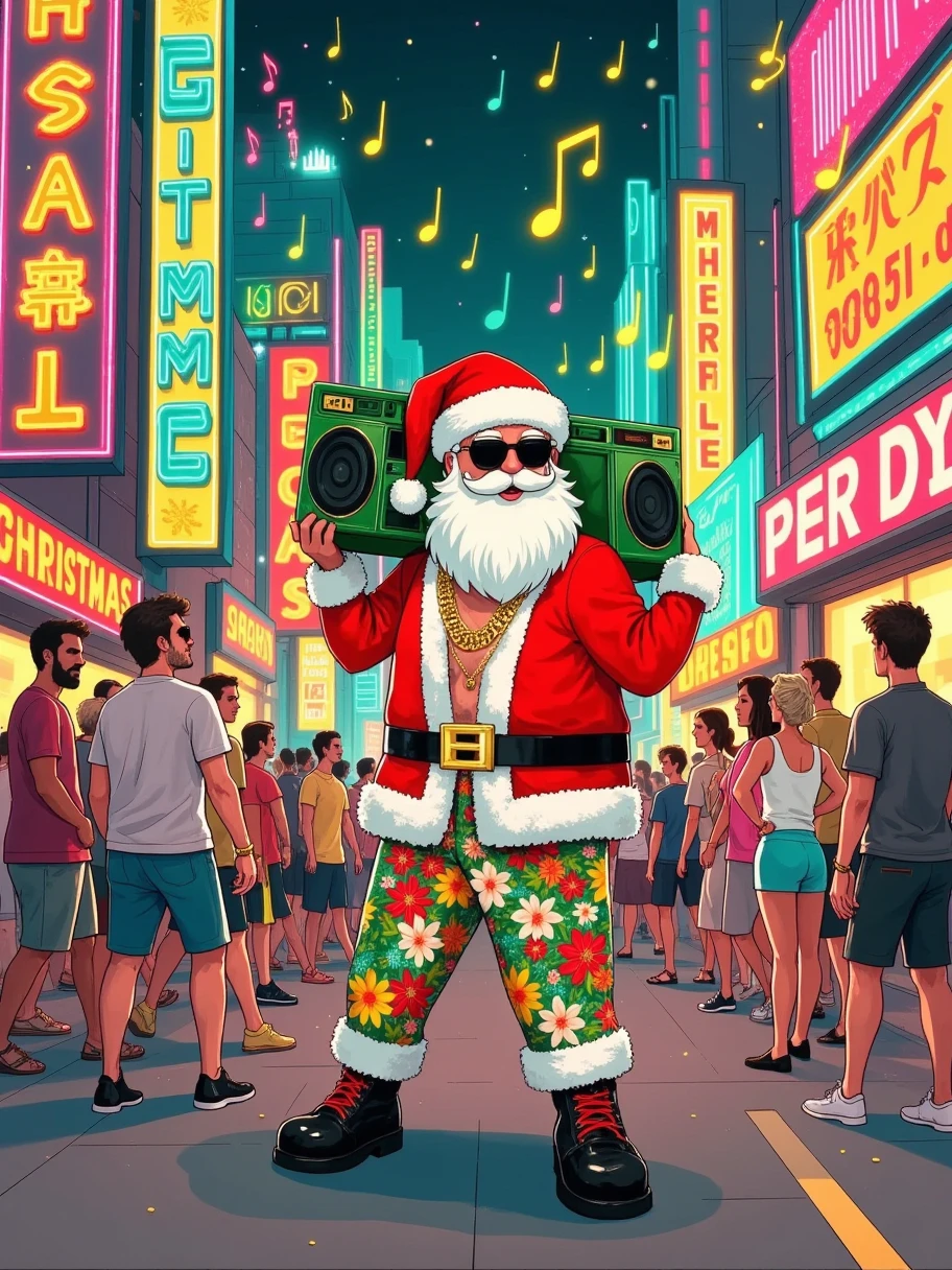 Illustration art, aesthetic art, a festive urban streetscape, neon lights and signs flicker, a man dressed as Santa Claus, wearing sunglasses, a red Santa hat, and a red and white Christmas jacket, carries a large green boombox on his shoulder, He has a white beard, wears gold jewelry, and colorful floral patterned pants, A lively festive atmosphere pervades the scene, with people in summer clothes walking around, The image is vibrant, dominated by red, green, and yellow colors, Musical notes float in the air, creating a celebratory and musical atmosphere, The perspective is at street level, full of energy