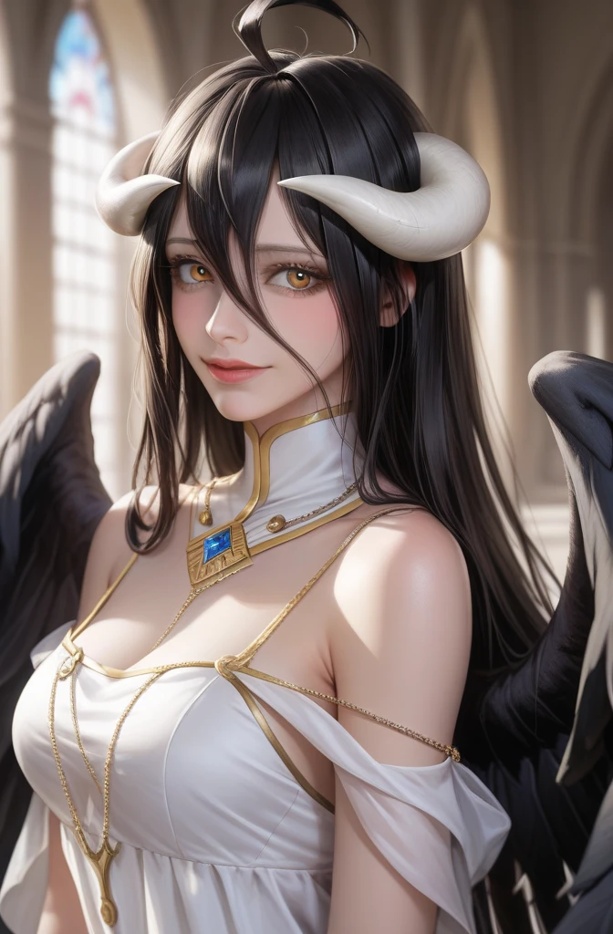 A demonic and seductive looking anime character, with black wings, long dark flowing hair, bright golden eyes, and curved horns like those of a ram. has pale skin, a mischievous smile and a playful and mysterious expression, holding a finger to his lips as if silencing someone. She wears a white dress with intricate detailing and gold accents, along with a blue gem on his chest. The scene is dramatically lit., with soft shadows that enhance her sharp features, as the background fades into darkness, adding an enigmatic and magical touch. The style is a mix of anime fantasy with intricate details, Capturing an intense portrait, close and dynamic