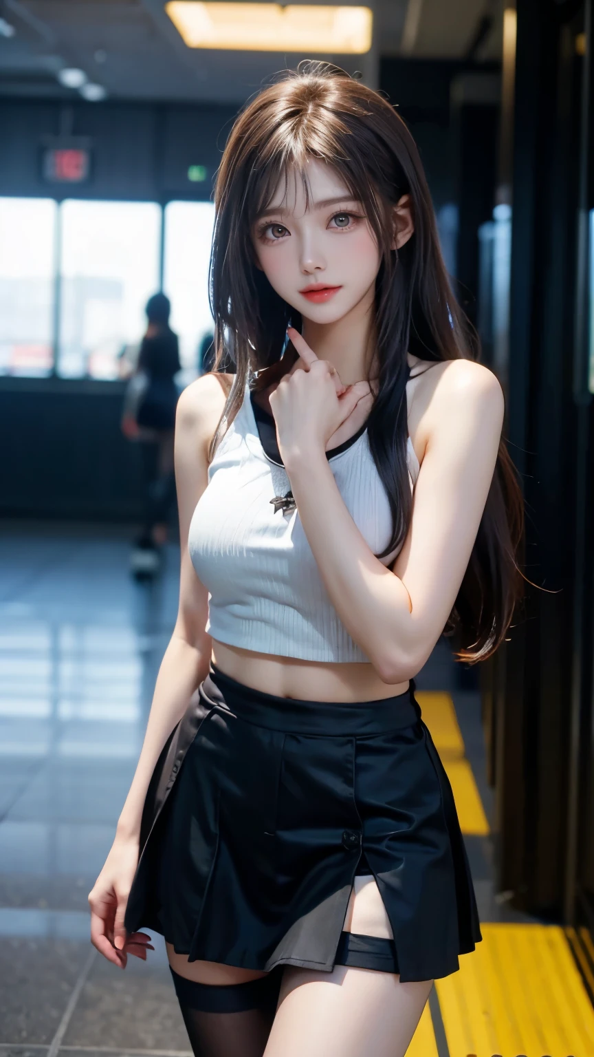 {Top Quality, Masterpiece}, (Realistic: 1.3), BREAK {{{FF7, Tifa_lockhart, solo}}},(crowd of men:1.7), BREAK Ultra-detailed face, Detailed RED eyes,{Dark Brown Hair, Large breasts},{{{A dark, disco club, she is a disc jockey, table, indoor}}}, BREAK (wearing micro shorts, tube top:1.5), clothed:1.2, (No Bra) ,(shiny oiled skin: 1.1), about 18 years old, {{erotic eyes, erotic mouth, erotic face}}, Shining head phone:1.3, sexy pose