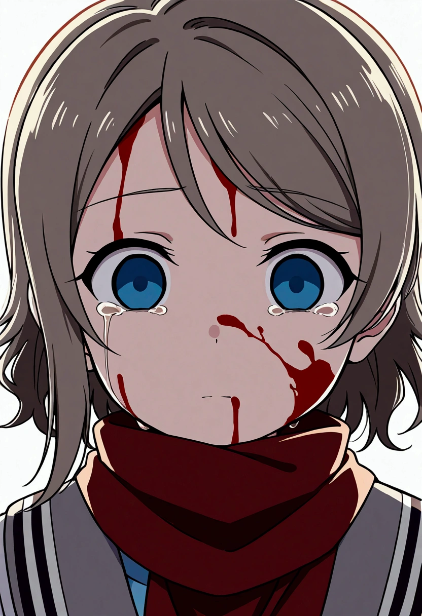 City background, female, tired, metroidvania, scary, wolfcut. hair, tired, bloody, without a pyscothic girlfriend energy,, blood between teeth. 8k, beautiful image. bloody knife in hand. upper body. dead blank eyes. blood everywhere. asian, blue eyes, dark metrdovania style, blood all over the charcaters face. drenched in bodliy fluid.