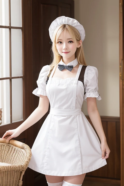 8K,Masterpiece,One woman,Smile,28 years old,blue eyes,Blonde Hair,Short Bob Hair,(Maid clothes),Ella Freya, a beautiful Dutch YouTuber（Ella Freya),