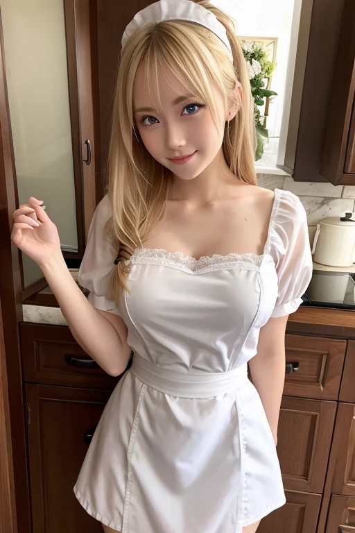 ((Maid:1.3)),Portrait、、Bright expression、ponytail、Younger, brighter, whiter skin、Best Looks、Blonde reflection、Platinum blonde hair with dazzling highlights、Shiny bright hair,、Super long, silky straight hair、Shiny beautiful bangs、Sparkling, clear, attractive big blue eyes、A very beautiful, lovely and cute 16 year old girl、Ample breasts