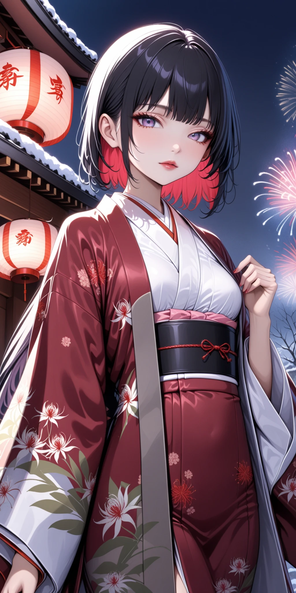 score_9, score_8_up, score_9_up, source_anime, ellenjoe, night, passionless, closed mouth, ellen joe, black hair,  sexy body, colored inner hair, multicolored hair, grey eyes, winter, air into her hair, beautiful face, back kimono with red spider lily pattern, stunning eyes, red hair, short hair, close-up,  two-tone hair, night, new year japanese temple, new year fireworks, morning, nostalgic face, elegant red kimono, long kimono, half open kimono, half open kimono, kimono open in the chest, small breasts, half opened kimono, red spider lily printing in the kimono, pink obi, winter,  winter dress, long skirt, lace collar, lace, sexy body,  small breasts, two-tone hair,  looking at viewer, beautiful eyes, solo, fantasy world, night, beautiful eyes