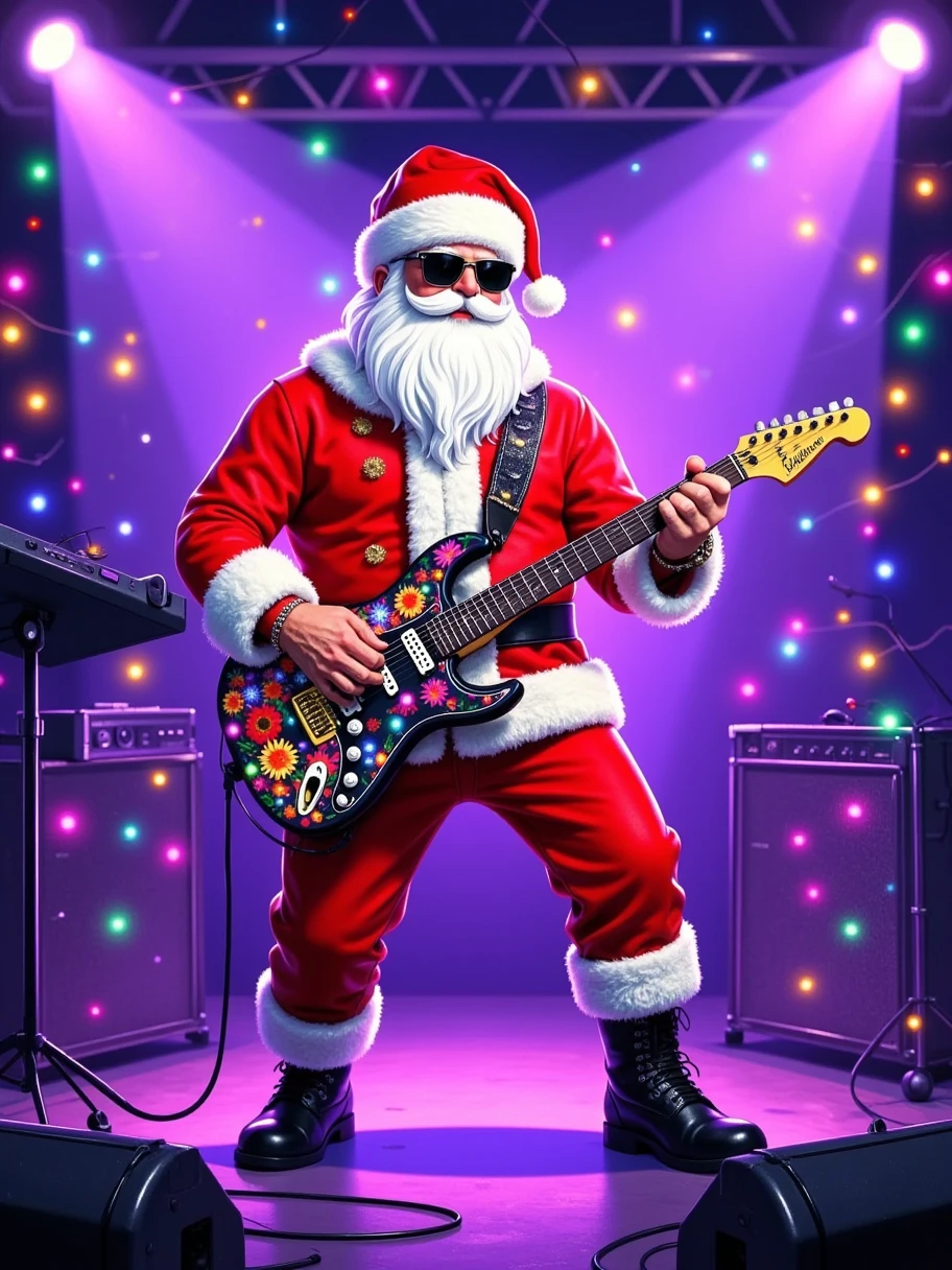 Illustration Art，The art of aesthetics， A festive scene 。 The center of the picture is a figure dressed as Santa Claus ， He's standing on the stage playing the electric guitar 。 The red Christmas costume worn by Santa Claus ， The white furry edge and big white beard are very conspicuous 。 Some black leather decorations on his costume ，It looks very cool 。  stage Wearing a red Christmas hat ， with white raw edges on the hat ， and he's also wearing a pair of sunglasses ， gives a stylish and unruly feeling 。 The electric guitar in his hand is decorated with colorful lights， There are some patterns on the guitar body ，It looks very gorgeous。  The stage background is full of festive elements ， The purple light shines from above ，It creates a dreamy atmosphere。 scene with lots of colorful lights scattered on the ， like a holiday lantern 。 can be seen in the background Some musical instruments and equipment ， suggests that this is a musical 。  The whole picture is brightly colored ，Full of festive atmosphere， also conveys a kind of rock energy and passion 。