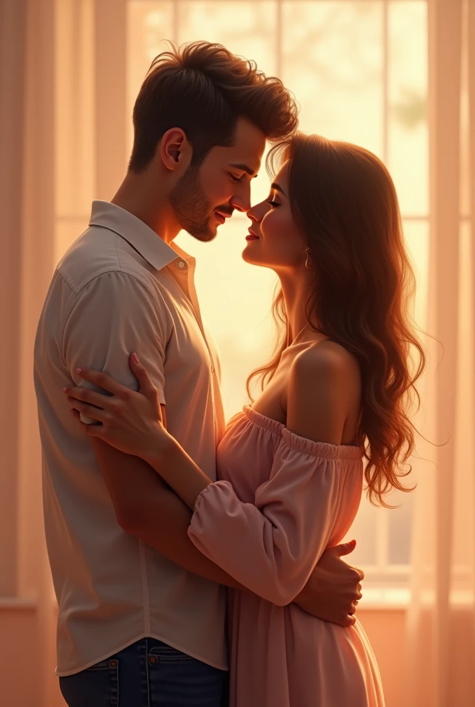 Intimate, high-quality side view photograph of a (man:1.2) and a (woman:1.2) in the (living room:1.1), (dramatic lighting:1.1), Passionate man and woman embracing and kissing at wall in hall at home, sexy, passionate, intricately detailed, the girl in panties and loose sweatshirt, (smile:1.2), (drenched:1.1) with (shimmering:1.1), (sensual:1.1), dark room, Sony Alpha 7R IV camera, digital photograph, f/2.8 lens, warm tones, creamy bokeh, hyper-realistic lifelike texture, trending on social media