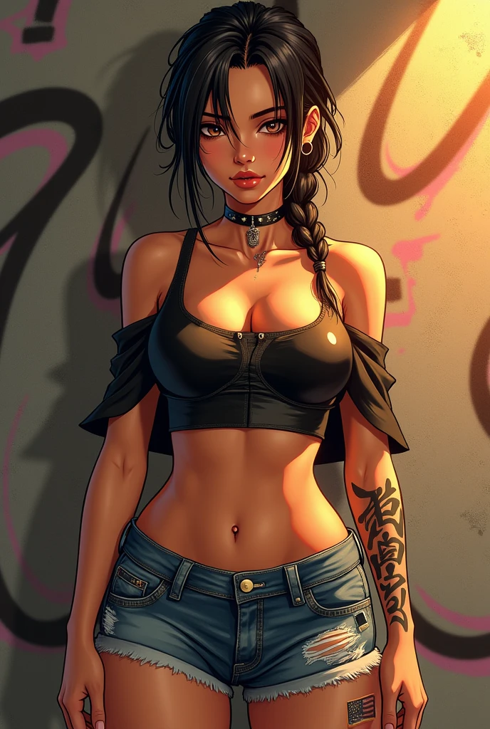 Anime version drawing of a female gang leader of average height and athletic body, with a dominant and agile posture. Her hair is medium and dark, often tied up in a messy bun. Your eyes are piercing, with a calculating and confident look. She uses an urban and modern style, with leather clothes, fitted shirts and sturdy boots. Your tattoos are prominent, especially on your arms and neck, highlighting your status and fearless personality. Your look is completed by a striking accessory., like a chain necklace or large rings.