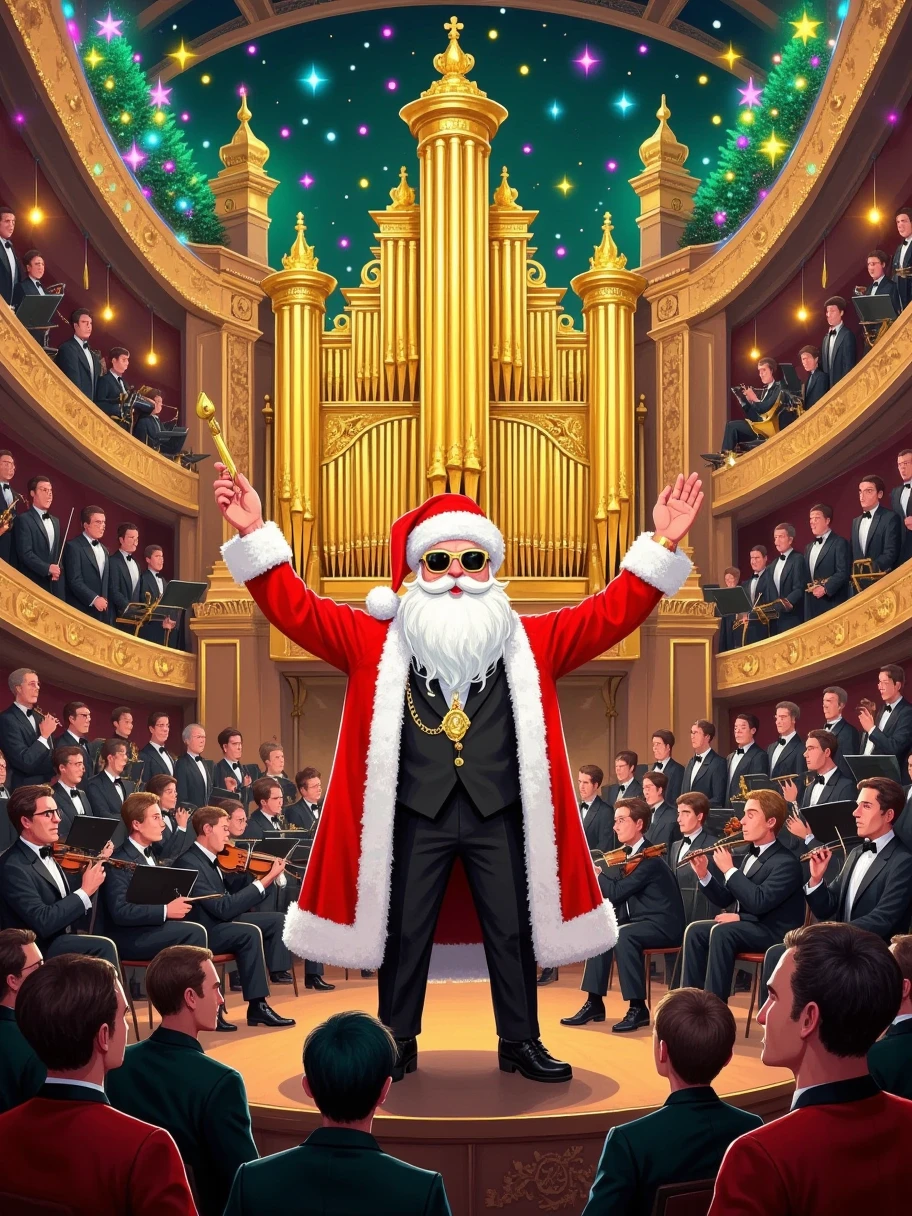 Illustration Art，The art of aesthetics， A grand concert scene 。 is viewed from the middle of the audience ， Wearing stately gold rimmed glasses 、 An iconic red Christmas hat ， Wears a red and white Christmas dress ， with a gold brooch on the neckline 。He has a long white beard， Waving a golden baton in his hands 。 Santa wears black suit ， create a sacred and warm musical atmosphere 。On stage， All kinds of instruments are neatly arranged ， The musicians wear black costumes ，Waiting intently for the conductor 。The audience was full，People wear formal attire， The faces are full of anticipation 。 A Santa stands in the center of a gorgeous stage {x} The background of the stage is a huge golden pipe organ and a Christmas tree with flashing colorful lights。 ， The melodious melodies wafting through the air 。 There is a gap between the pants A fine red line ，The whole picture is rich in color，The red、green、Gold is dominant， Full of artistic and energetic 。