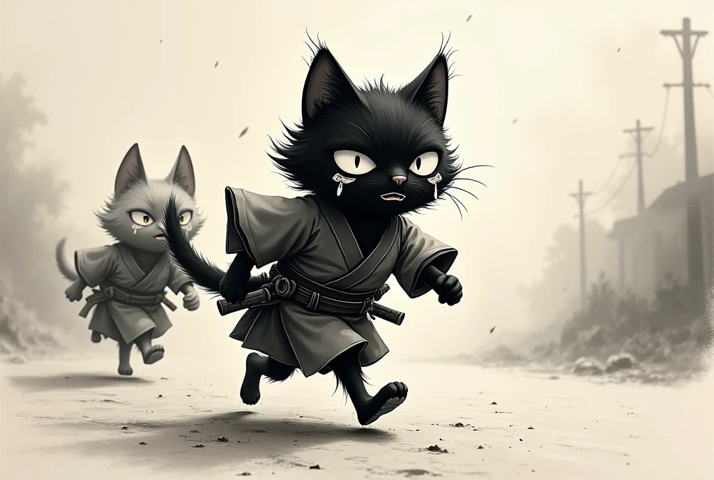  bipedal black cat running away after being chased by a dog,  Simple dressing、  Japanese Samurai、    crying  、  with a sword around her waist 、 picture drawn with charcoal  、  photorealistic、Anime food 、