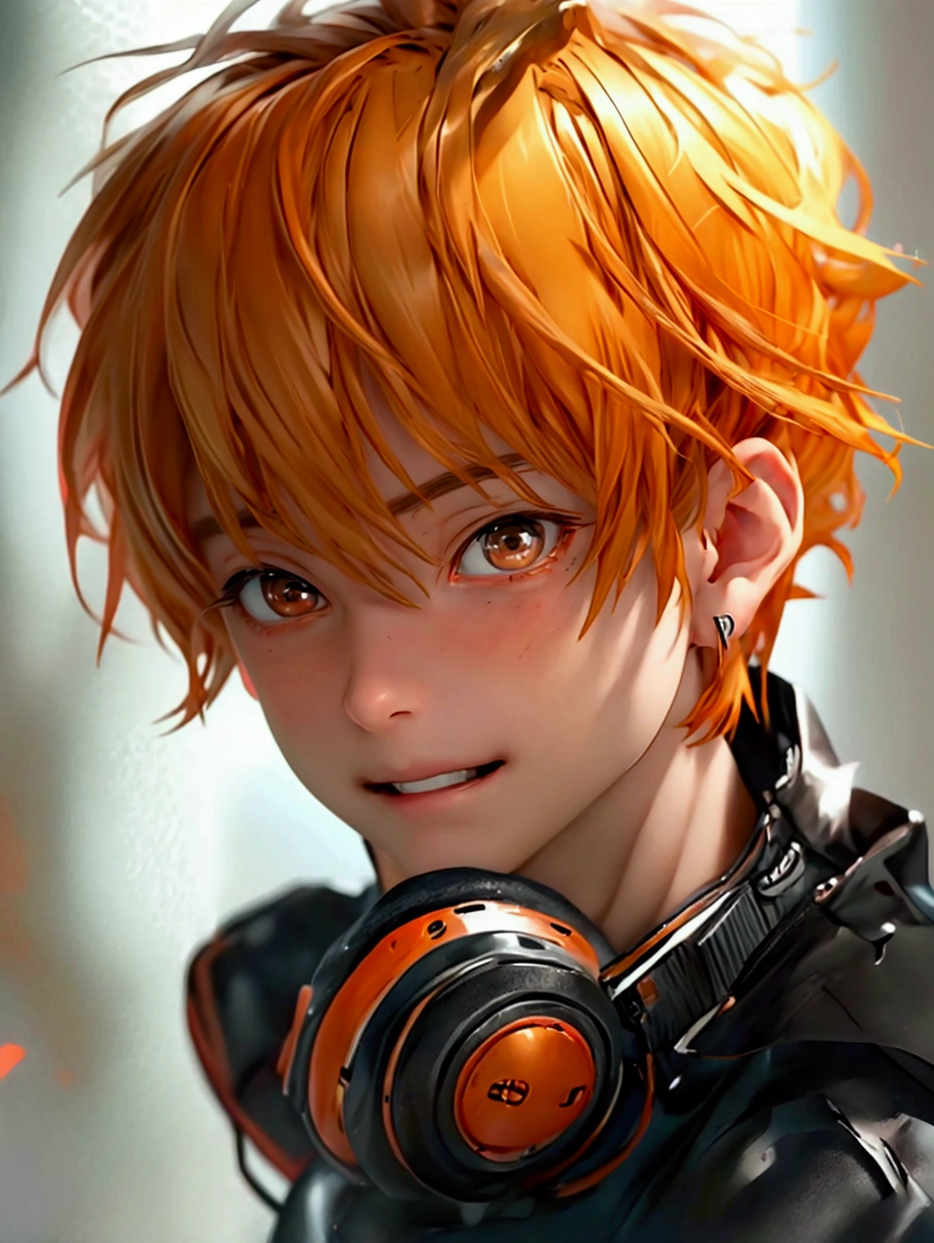 (Very realistic, concentrate、High resolution, Detailed face, Detailed Hair,fine grain)，Official Art，8k wallpaper，figure，((One boy)), Shorthair with light brown hair、Light brown eyes、smile, Trendy clothing，sneakers，whole body，orange hair, dramatic pose